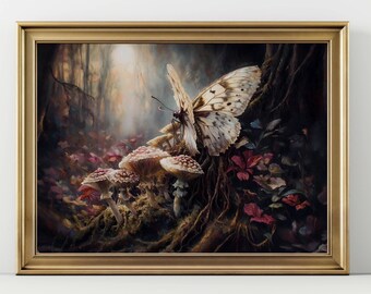 Fairy Moth Forest Wall Art – Mystical Insect & Mushroom Painting, Cottagecore Decor, Fantasy Nature Print, Enchanted Woodland Poster