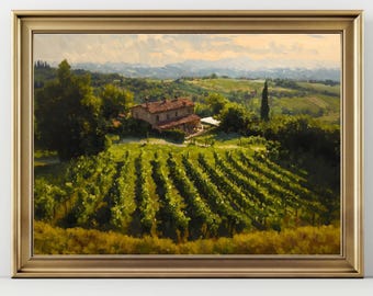 Tuscan Vineyard Landscape Wall Art – Rustic Italian Countryside Painting Print, Farmhouse Kitchen Decor, Wine Lover Gift Idea