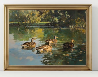 Duck Wall Art – Peaceful Lake Painting with Wild Ducks, Nature Bird Print for Rustic Farmhouse and Cottagecore Decor