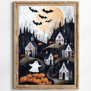 Halloween Town Folk Art Print Halloween Ghost Wall Art, Halloween Pumpkin Vintage Art Halloween Decor For Home Moody Halloween Poster