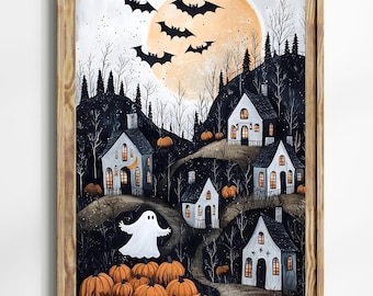 Halloween Town Folk Art Print, Spooky Ghost Pumpkin Wall Art, Dark Halloween Decor, Witchy Night Scene Painting, Halloween Home Print