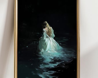 Ethereal Gothic Woman Print, Moonlit Water Scene, Dark Romantic Art