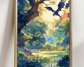 Forest Dragon Watercolor Art  Vertical Poster Print fantasy art forest and a dragon Fantasy Painting, Watercolor illustration Dark Academia