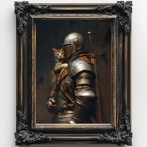 Medieval Knight with a cat Art Print, Knightcore Art, vintage Painting Fantasy Maximalist Decor, Dark Academia Goth Moody Victorian Wall Art image 1