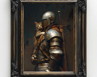 Medieval Knight with a cat Art Print, Knightcore Art, vintage Painting Fantasy Maximalist Decor, Dark Academia Goth Moody Victorian Wall Art