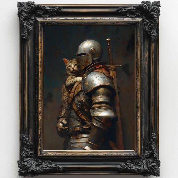 Medieval Knight with a cat Art Print, Knightcore Art, vintage Painting Fantasy Maximalist Decor, Dark Academia Goth Moody Victorian Wall Art