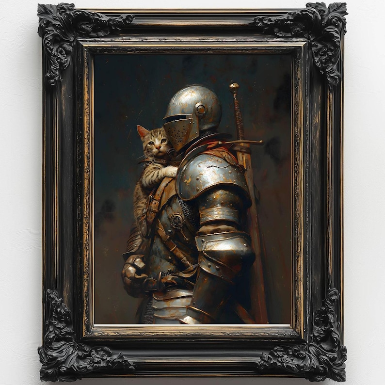 Medieval Knight with a cat Art Print, Knightcore Art, vintage Painting Fantasy Maximalist Decor, Dark Academia Goth Moody Victorian Wall Art image 1