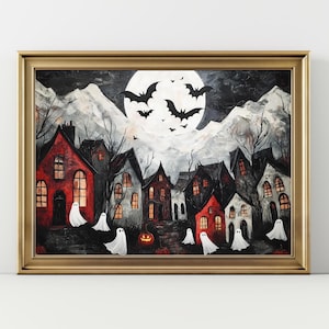 Halloween Town Folk Art Print Halloween Ghost Wall Art, Halloween Pumpkin Vintage Art Halloween Decor For Home Moody Halloween Poster