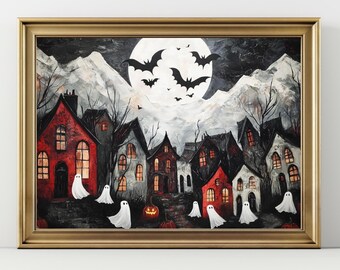 Halloween Town Folk Art Print Halloween Ghost Wall Art, Halloween Pumpkin Vintage Art Halloween Decor For Home Moody Halloween Poster