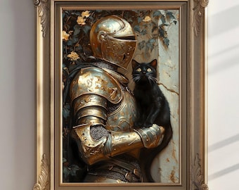 Medieval Knight with a cat Art Print, Knightcore Fantasy Art, Fantasy Maximalist Decor, Dark Academia Print, Goth Moody Victorian Wall Art