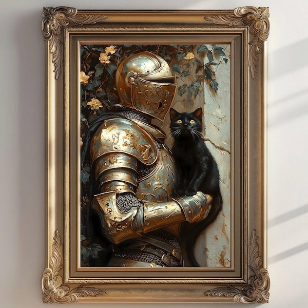 Medieval Knight with a cat Art Print, Knightcore Fantasy Art, Fantasy Maximalist Decor, Dark Academia Print, Goth Moody Victorian Wall Art