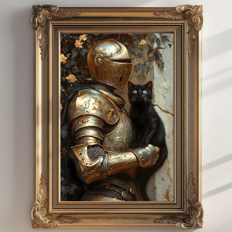 Medieval Knight with a cat Art Print, Knightcore Fantasy Art, Fantasy Maximalist Decor, Dark Academia Print, Goth Moody Victorian Wall Art image 1