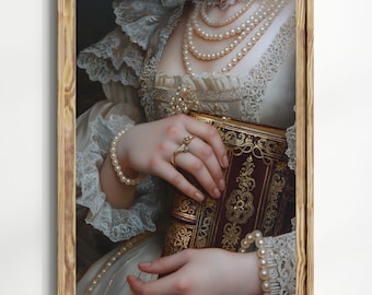 May include: Framed print of a classical portrait. The image features a person in a white dress with lace details, adorned with pearl jewelry. The person holds a burgundy book with gold embellishments. The frame is made of wood.