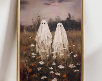 Whimsical Ghost Wall Art, Daisy Field, Cute Halloween Spirits, Fall Decor