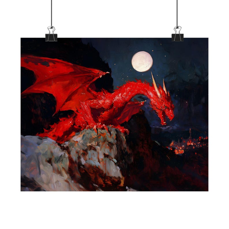 Red Dragon Wall Art Print, Fantasy Dragon Painting, Dark Gothic Decor ...