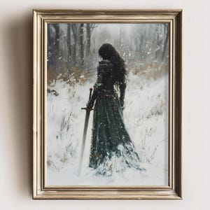 Lady Knight In The Forest Art Print, Dark Academia Wall Decor, Medieval Fantasy Wall Art, Woman Knight Poster, Renaissance Knight Gift