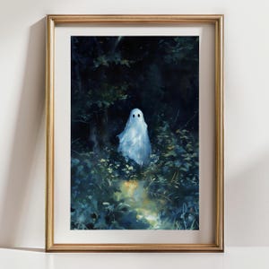 Cute Ghost in Forest Art Print Spooky Whimsical Wall Decor, Halloween Ghostcore Poster, Moody Cottage Goth Aesthetic Artwork