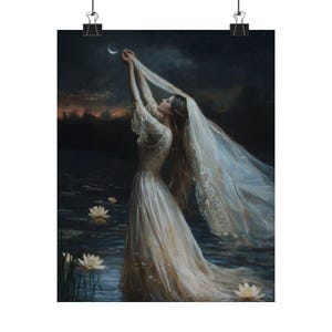 Romantic Woman Reaching for Crescent Moon Art – Ethereal Water Lily Night Scene, Dreamy Feminine Fantasy Wall Print image 5