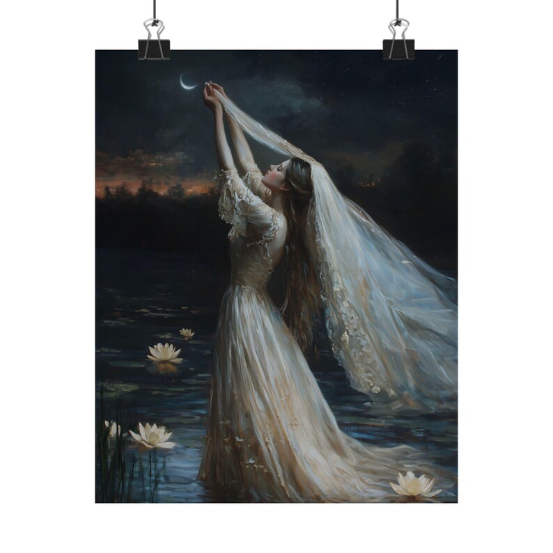 Romantic Woman Reaching for Crescent Moon Art – Ethereal Water Lily Night Scene, Dreamy Feminine Fantasy Wall Print image 5