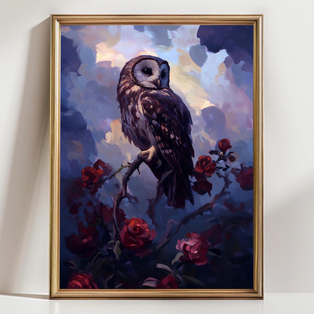 Majestic Owl on Rose Branch Wall Art – Dark Romantic Nocturnal Bird ...
