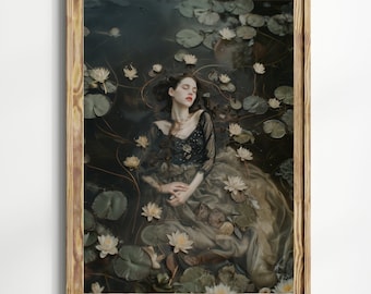 Dark Academia Print - The Lake, Goth Moody Victorian Wall Art, Dark Decor Aesthetic, Dark Cottagecore, Gothic Prints into lake Ophelia