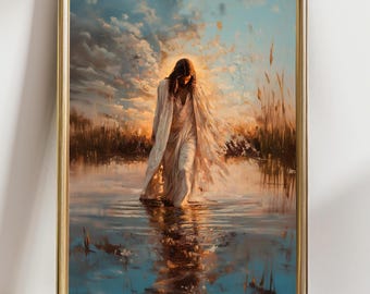 May include: A framed painting depicts a figure in white robes walking in water, with a golden halo effect. The artwork features a serene landscape with a sunset sky, water reflections, and tall grass. The frame is gold.