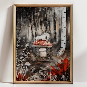 Unicorn on Mushroom Art Print, Whimsical Fantasy Forest Wall Decor, Fairycore Magical Creature Painting, Enchanted Woodland