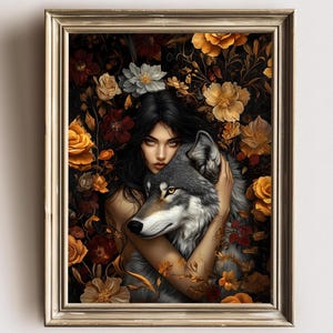 Mystical woman and wolf wall art print, dark floral fantasy artwork, gothic cottagecore decor, feminine strength illustration