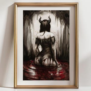 Lilith Dark Demon Woman Art Print – Gothic Fantasy Wall Decor, Horned Female in Blood Pool, Occult Horror Aesthetic, Macabre Witchy Poster