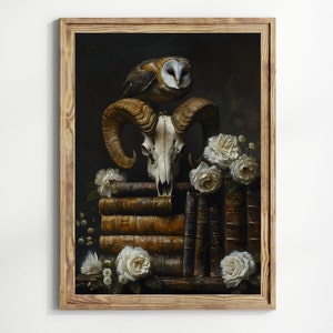 Moody Bookish Wall Art Book Print Gothic Owl and Skull Print Victorian Decor Dark Academia Decor Goblincore Print Library