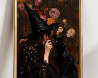 Witch and Black Cat Art Print, Gothic Witchy Wall Decor, Dark Academia Floral Painting, Mystical Halloween Artwork