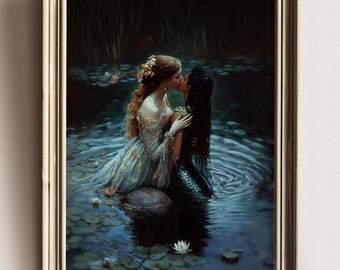 Romantic Mermaid and Princess Kiss Art – LGBTQ Fantasy Wall Decor, Enchanted Love Painting, Fairytale Lesbian Couple Print