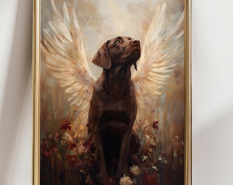 Heavenly Angel Dog Art Print – Chocolate Labrador with Wings, Pet Memorial Wall Decor, Spiritual Dog Portrait for Pet Loss Gift