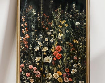 Dark botanical print, dark academia print, moody floral print, vintage floral wall art, antique painting, botanical Wildflower Art painting