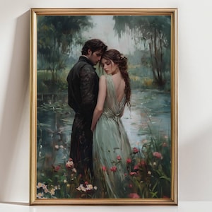 A painting of a couple embracing in a romantic setting, surrounded by flowers and a pond.