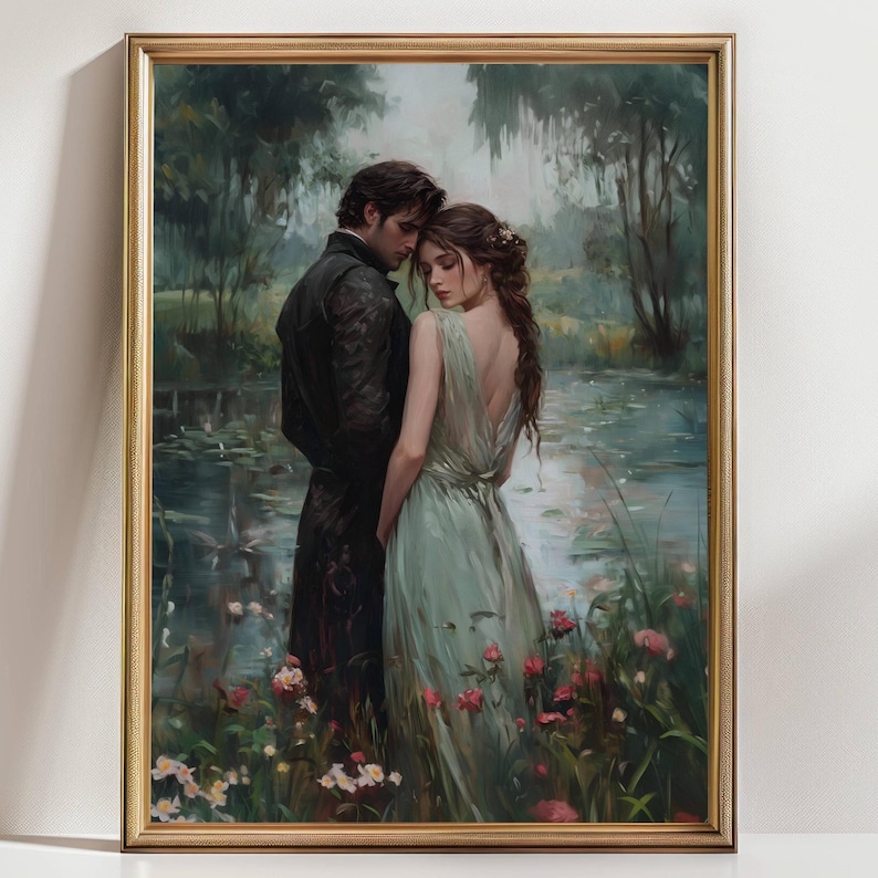 A painting of a couple embracing in a romantic setting, surrounded by flowers and a pond.