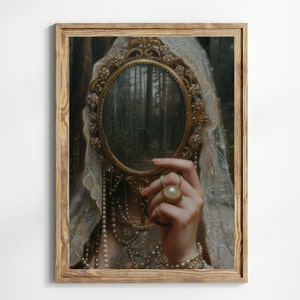 Mirror - Victorian Art Poster Print moody Painting, vintage woman Print, victorian decor wall art, dark moody antique art Print, lace Pearls