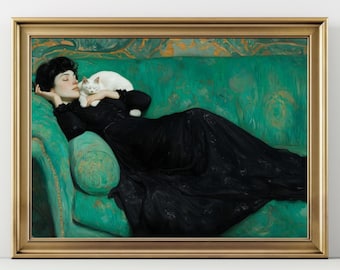 Cat and Woman on a green couch Victorian Print, Dark Academia, Victorian Home Decor Dark Art Wallart elegant wall art vintage print
