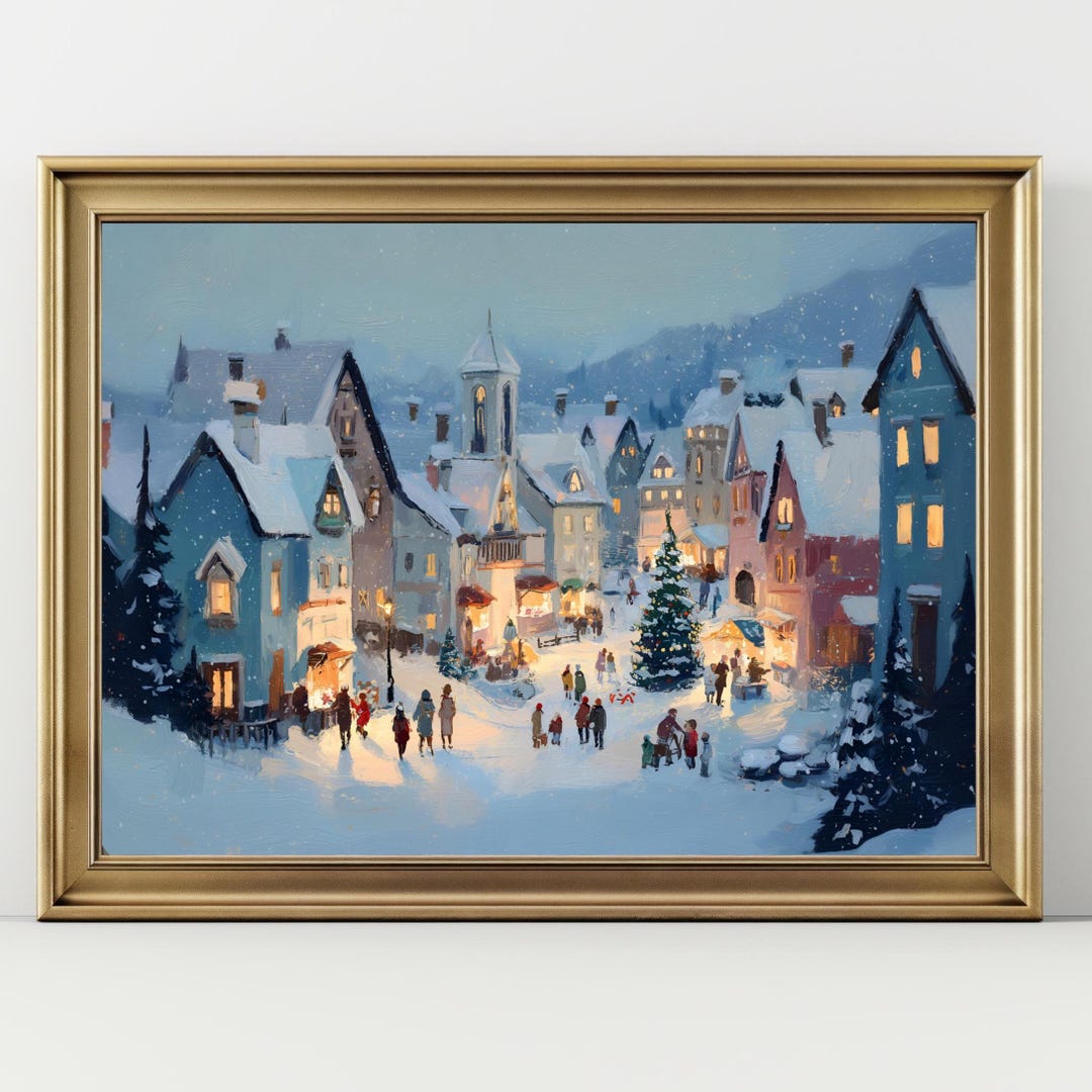 Christmas Village Painting – Winter Town Scene Wall Art – Snowy Holiday ...