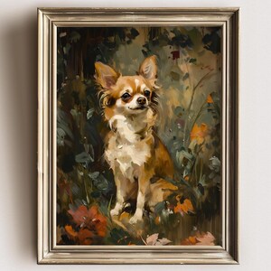 May include: A painting of a small, brown and white chihuahua dog sitting in a lush green forest setting. The dog has a sweet expression and is looking to the right. The painting is done in a realistic style with a focus on detail.