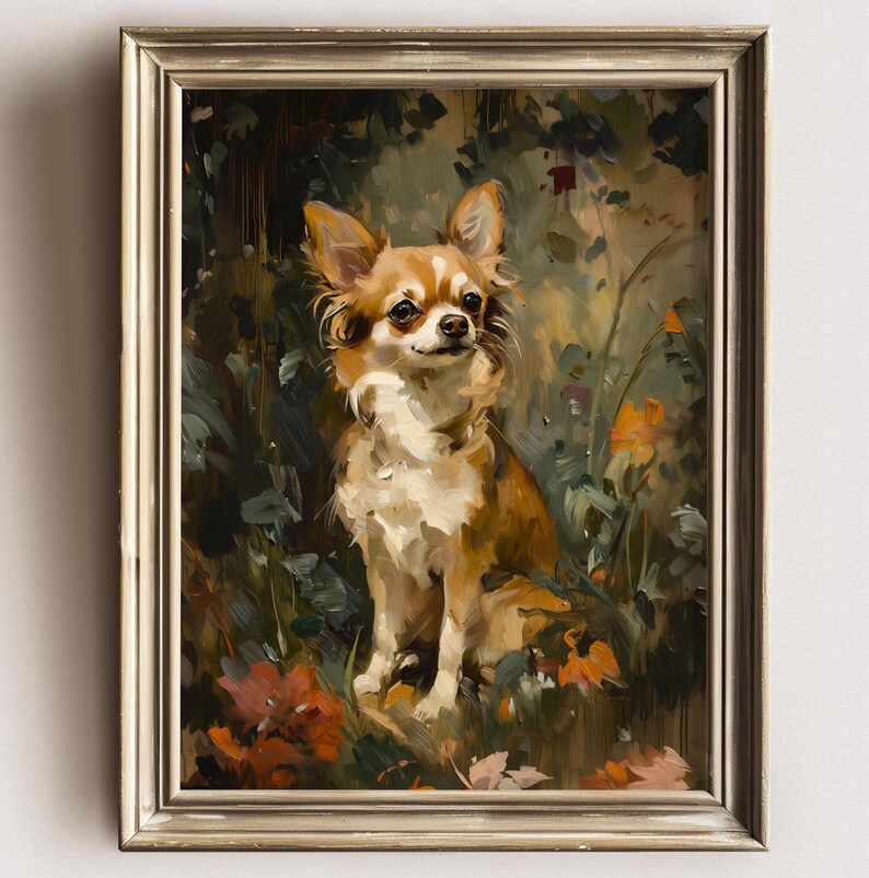 May include: A painting of a small, brown and white chihuahua dog sitting in a lush green forest setting. The dog has a sweet expression and is looking to the right. The painting is done in a realistic style with a focus on detail.