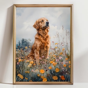 Moody Dark Wildflower Golden Retriever Dog Print Vintage Wildflower Painting Wall Art Print Floral Cottagecore Landscape Farmhouse