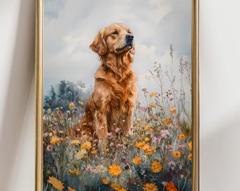 Moody Dark Wildflower Golden Retriever Dog Print Vintage Wildflower Painting Wall Art Print Floral Cottagecore Landscape Farmhouse