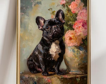 May include: A painting of a black French bulldog sitting in front of a vase of pink and white roses. The dog is looking up at the viewer with a curious expression.