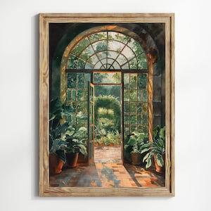 Sunlit Garden Room Wall Art – Botanical Window Scene with Lush Plants, Arch Doorway and Greenhouse Vibes, Nature Lover’s Decor Print