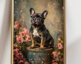 May include: A framed painting of a black and tan French Bulldog sitting atop a teal planter. The dog is surrounded by pink roses against a soft, colorful background. The artwork is in a gold frame.