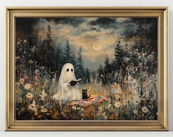 Ghost and Black Cat Wall Art, Spooky Wildflower Field Print, Halloween Poster