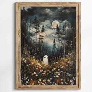 Ghost in Magical Forest Wildflowers Meadow Art PRINT, Whimsical Halloween Decor, Charming and Spooky Wall Art for Fall Season Dark Academia