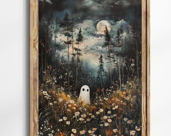 Ghost in Magical Forest Wildflowers Meadow Art PRINT, Whimsical Halloween Decor, Charming and Spooky Wall Art for Fall Season Dark Academia