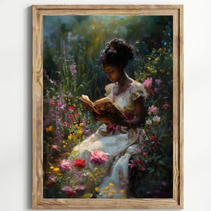 Black Woman Reading a Book, African American Art,  Bookish Victorian Art Print , Wildflowers Dark Academia, Book Lovers Art, Library Art